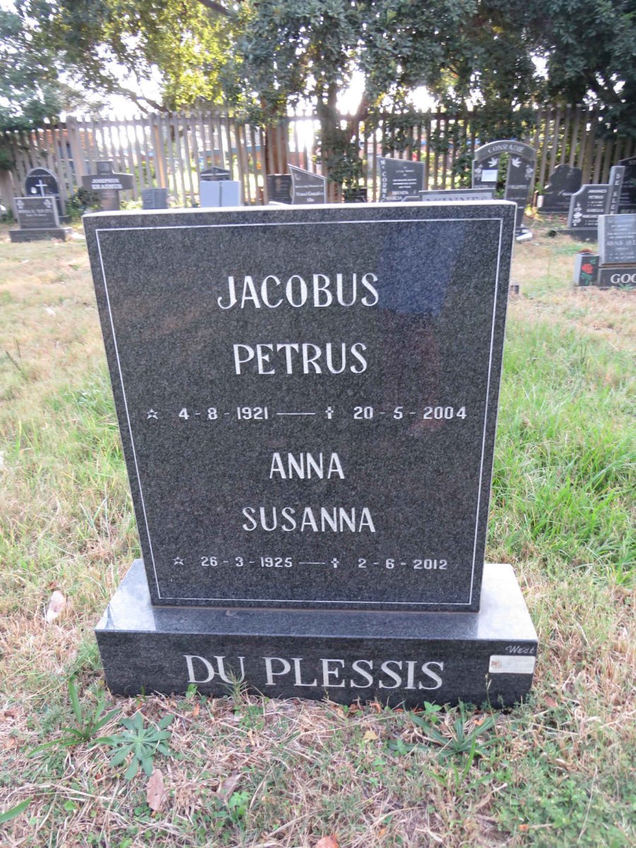 PLESSIS Jacobus Petrus, du 1921-2004 &amp; Anna Susanna 1925-2012
