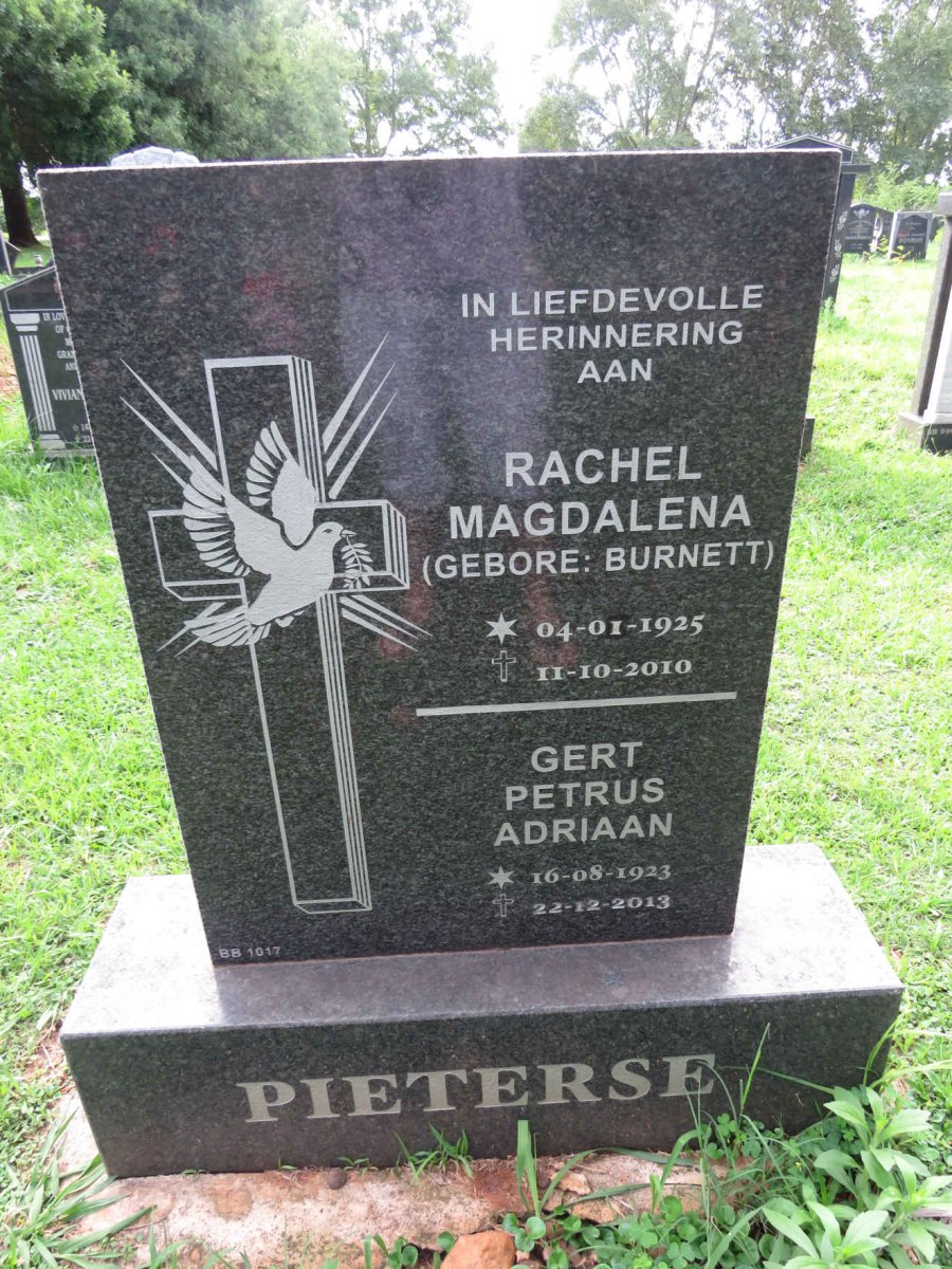 PIETERSE Gert Petrus Adriaan 1923-2013 &amp; Rachel Magdalena BURNETT 1925-2010