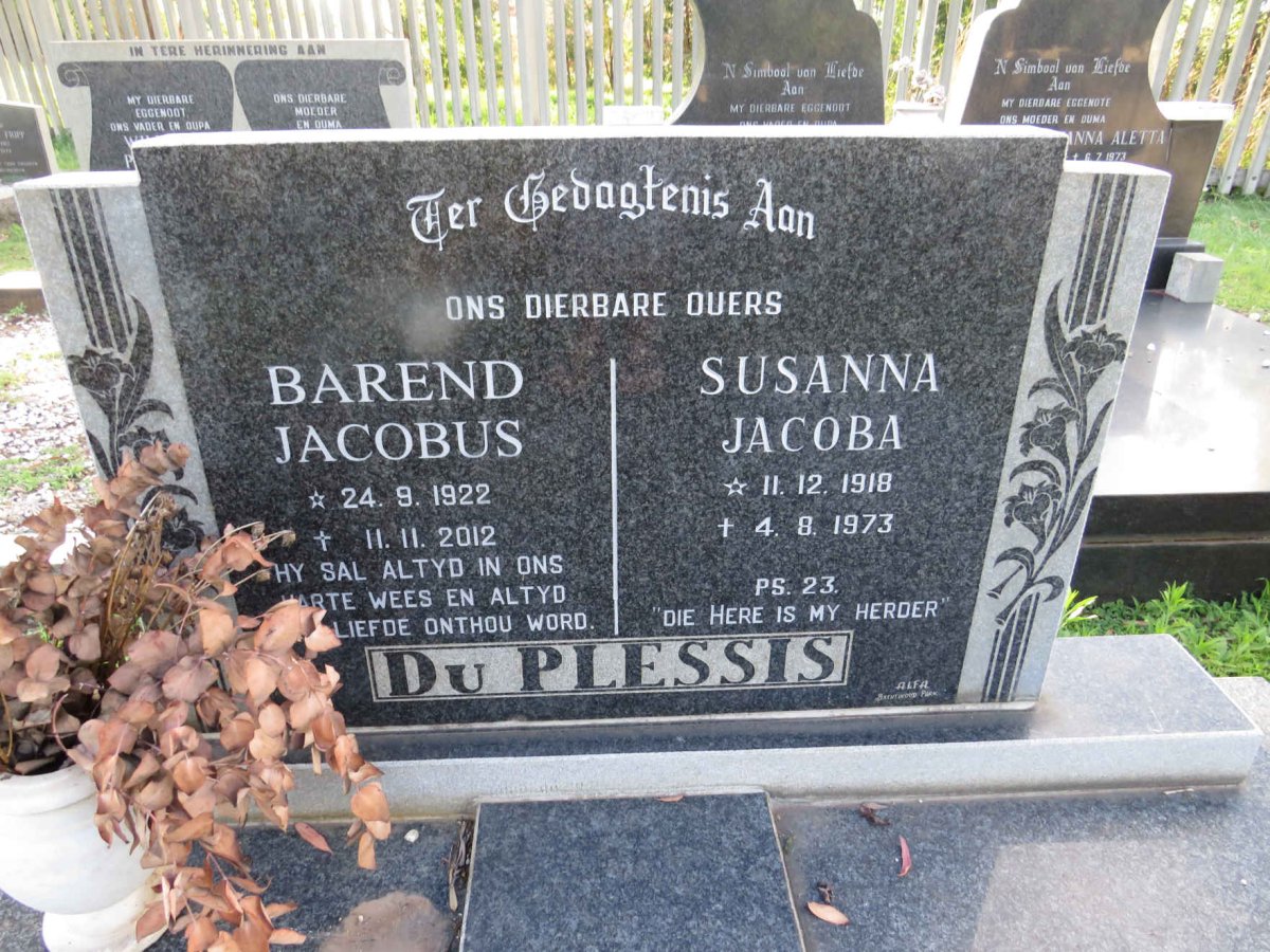 PLESSIS Barend Jacobus, du 1922-2012 &amp; Susanna Jacoba 1918-1973