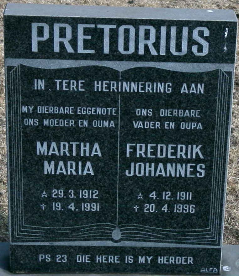 PRETORIUS Frederik Johannes 1911-1996 &amp; Martha Maria 1912-1991