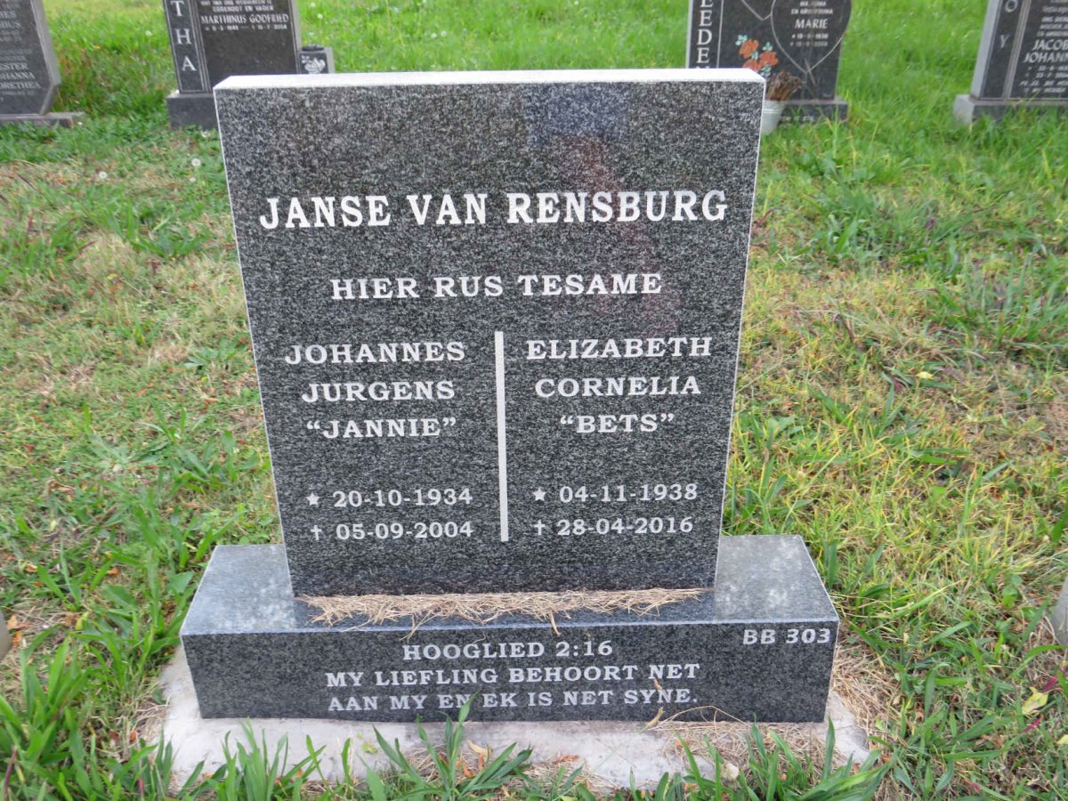 RENSBURG Johannes Jurgens, Janse van 1934-2004 &amp; Elizabeth Cornelia 1938-2016