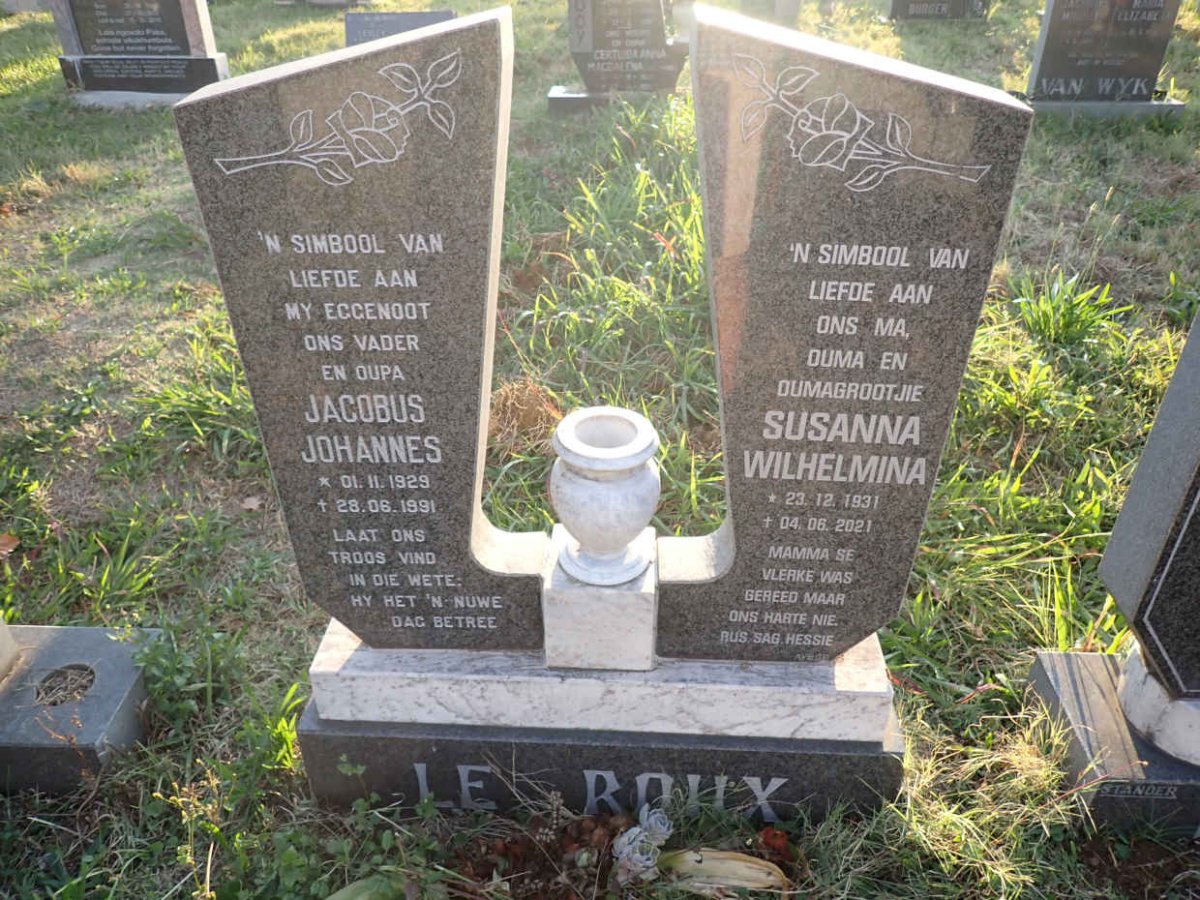 ROUX Jacobus Johannes, le 1929-1991 &amp; Susanna Wilhelmina 1931-2021