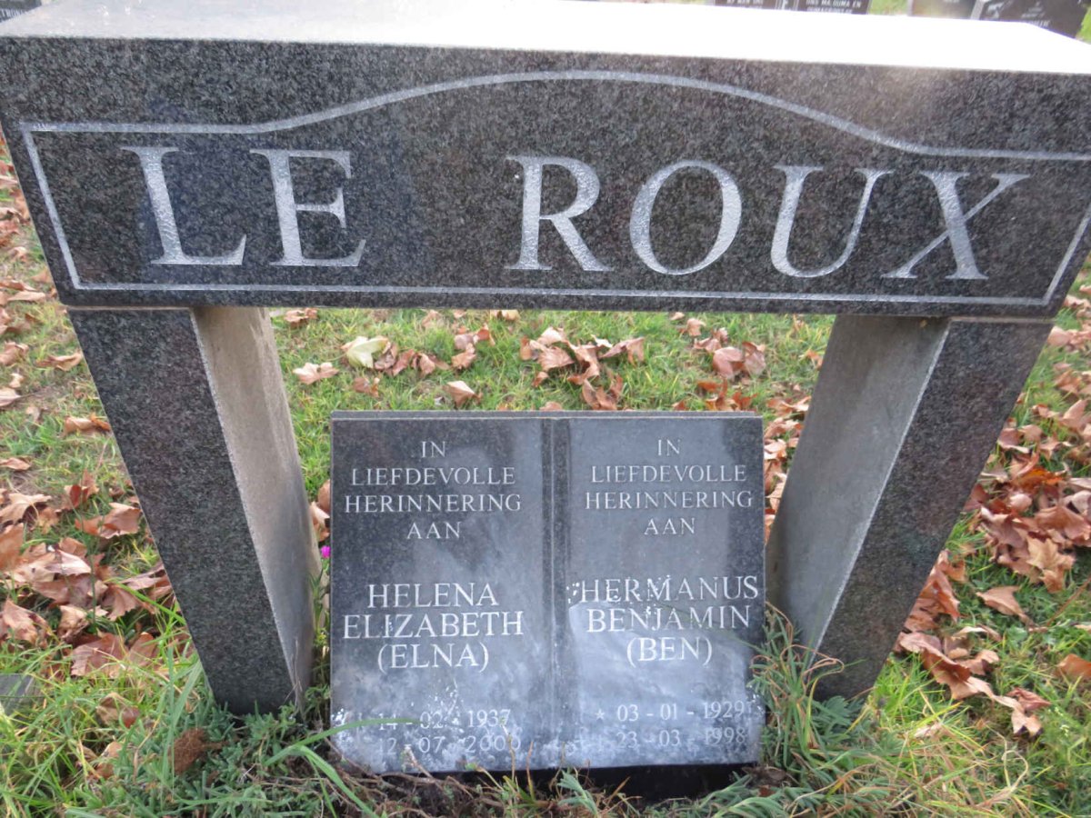 ROUX Hermanus Benjamin, le 1929-1998 & Helena Elizabeth 1937-2000
