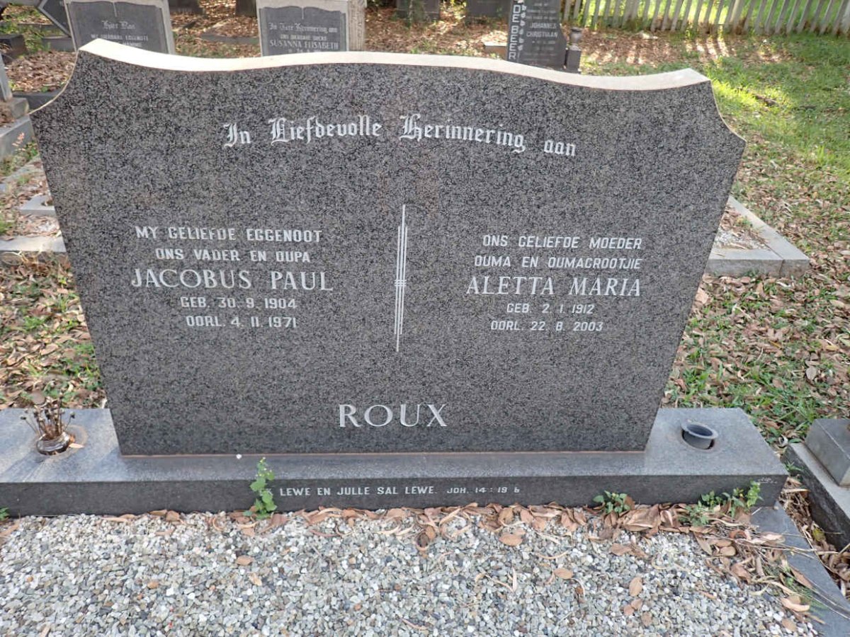ROUX Jacobus Paul 1904-1971 &amp; Aletta Maria 1912-2003