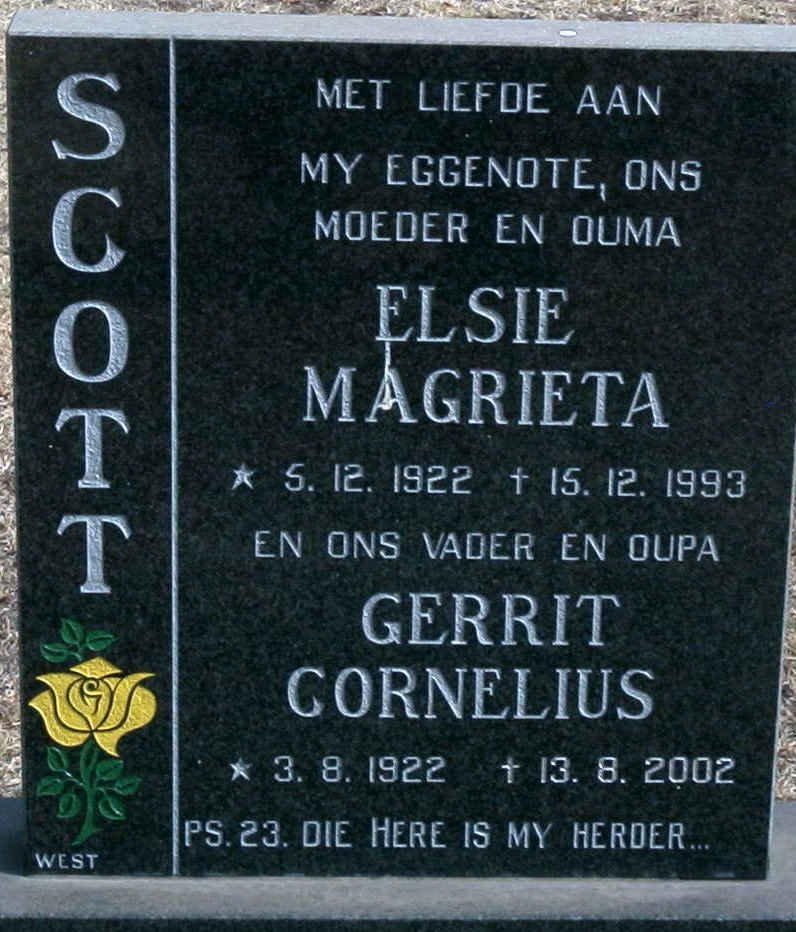 SCOTT Gerrit Cornelius 1922-2002 &amp; Elsie Magrieta 1922-1993