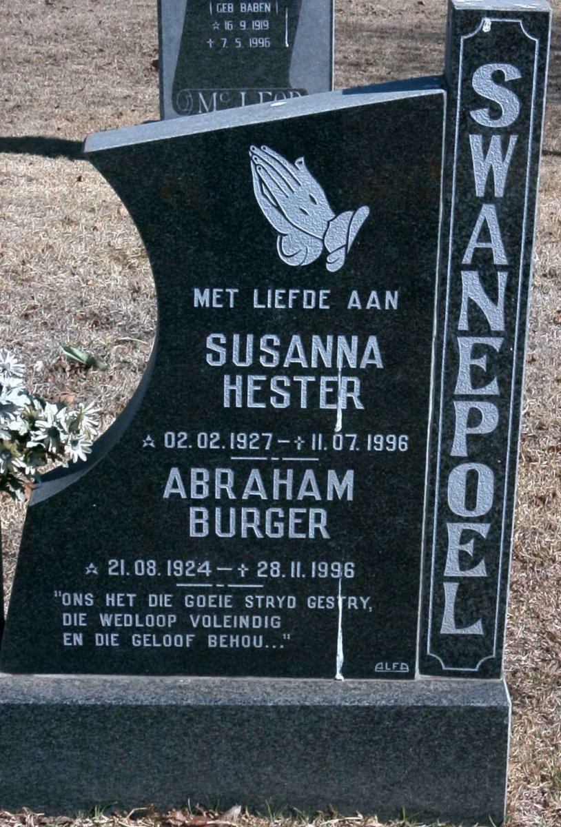 SWANEPOEL Abraham Burger 1924-1996 &amp; Susanna Hester 1927-1996