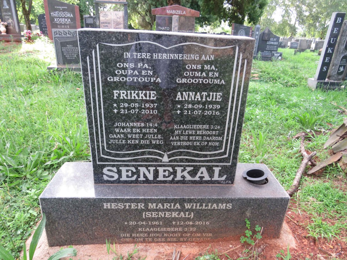 SENEKAL Frikkie 1937-2010 &amp; Annatjie 1939-2016 :: WILLIAMS Hester Maria nee SENEKAL 1961-2016