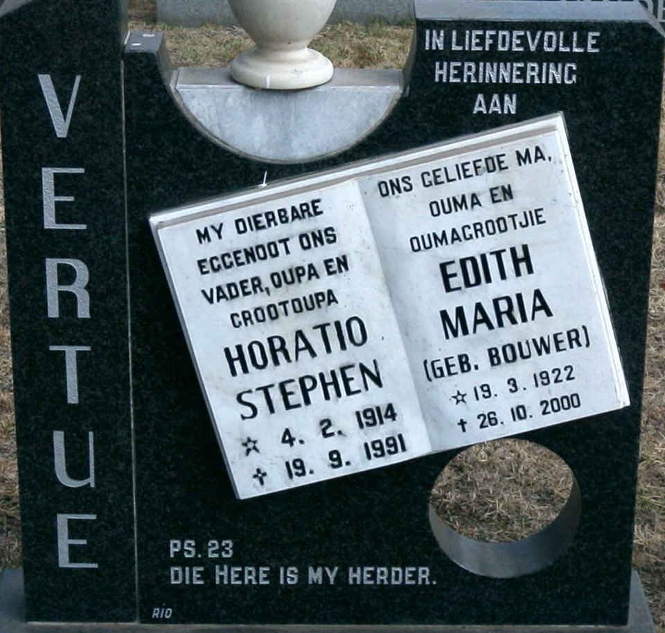 VERTUE Horatio Stephen 1914-1991 &amp; Edith Maria BOUWER 1922-2000