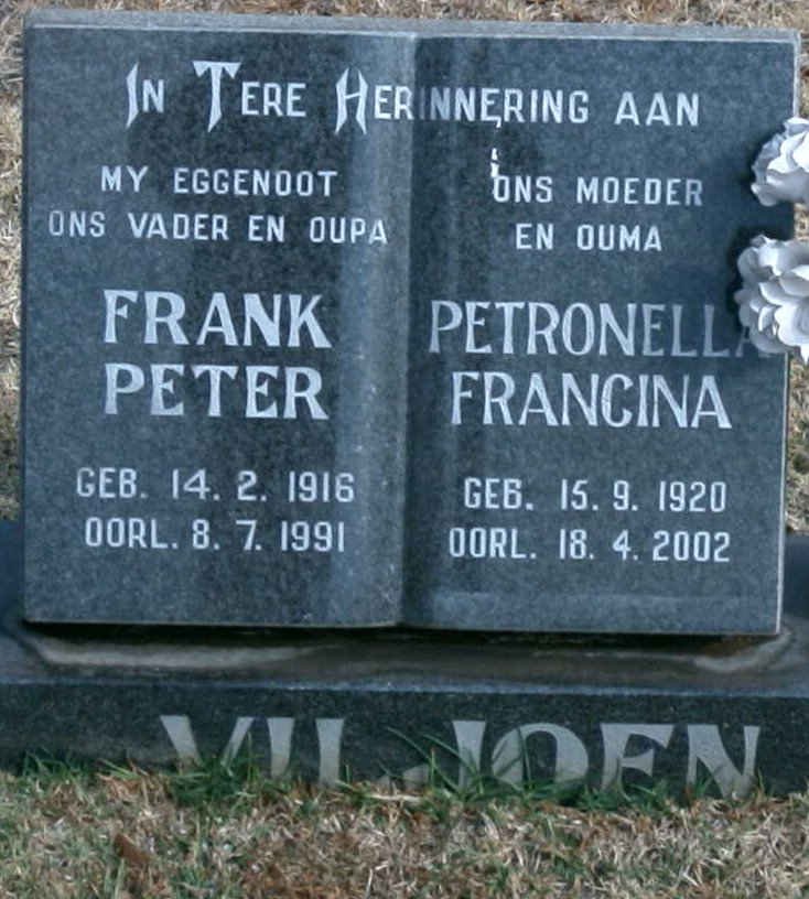 VILJOEN Frank Peter 1916-1991 &amp; Petronella Francina 1920-2002