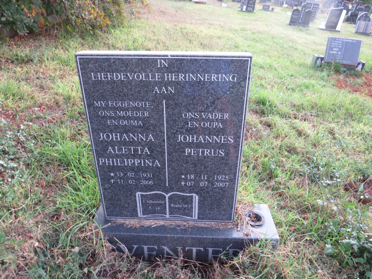 VENTER Johannes Petrus 1925-2007 &amp; Johanna Aletta Philippina 1931-2006