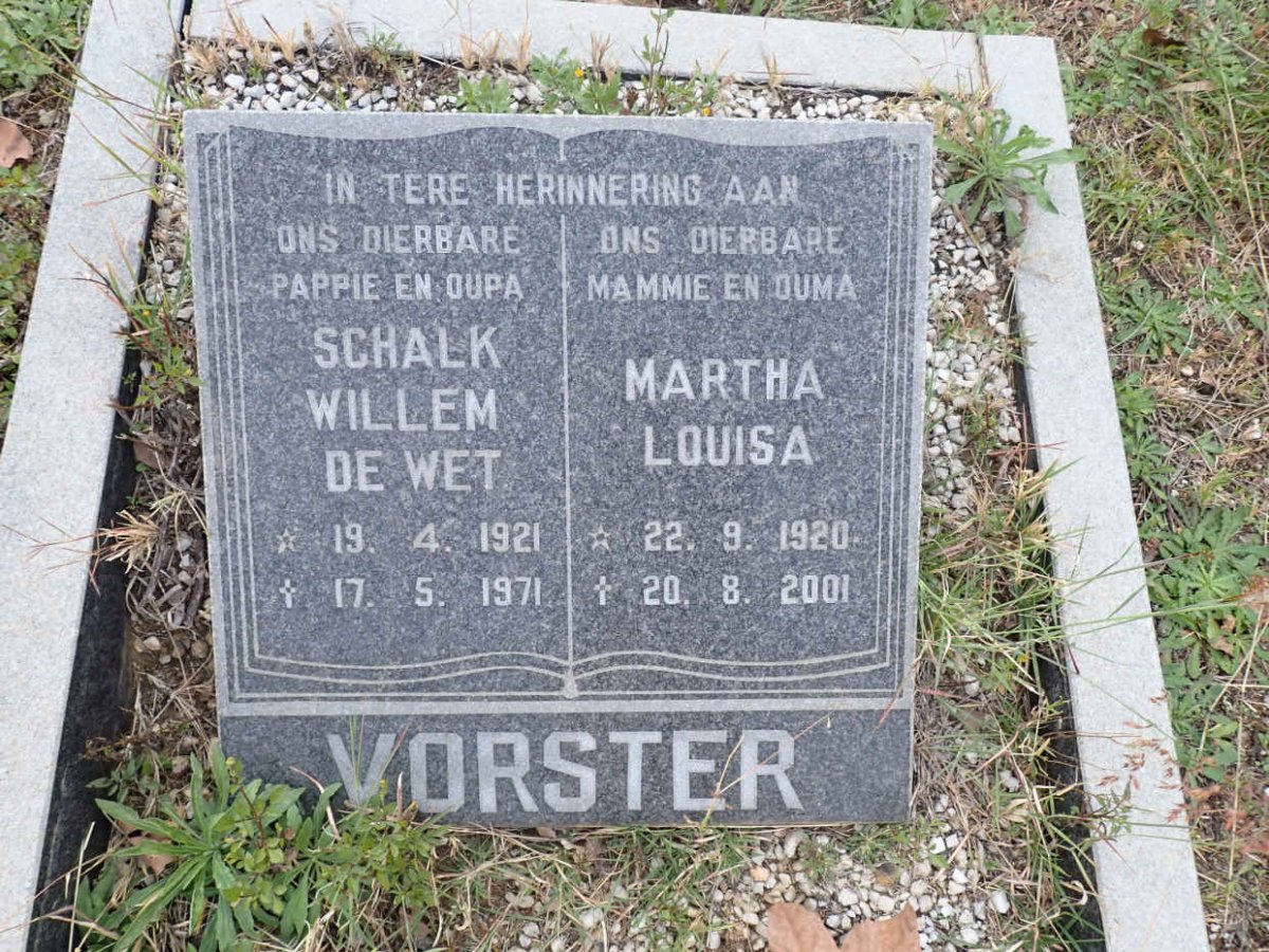 VORSTER Schalk Willem De Wet 1921-1971 &amp; Martha Louisa 1920-2001