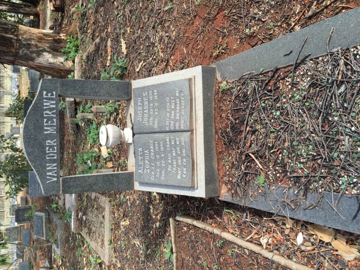 MERWE Joseph Johannes, van der 1889-1948 &amp; Aletta Sophia LE GRANGE 1894-1945