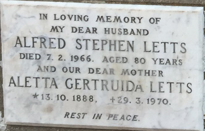 LETTS Alfred Stephen -1966 &amp; Aletta Gertruida 1888-1970