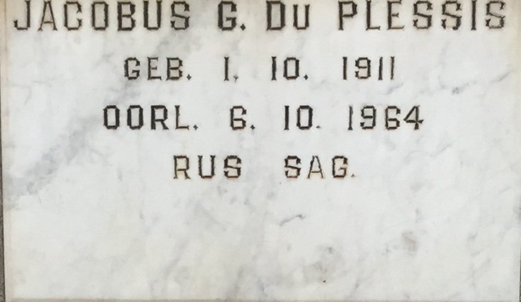PLESSIS Jacobus G, du 1911-1964