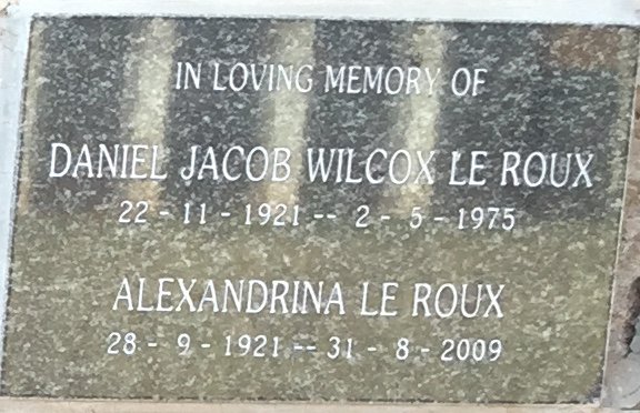 ROUX Daniel Jacob Wilcox, le 1921-1975 &amp; Alexandrina 1921-2009