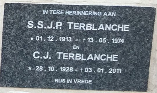 TERBLANCHE S.S.J.P. 1913-1974 &amp; C.J. 1928-2011