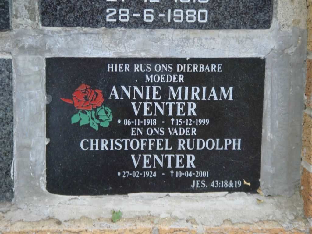 VENTER Christoffel Rudolph 1924-2001 &amp; Annie Miriam 1918-1999