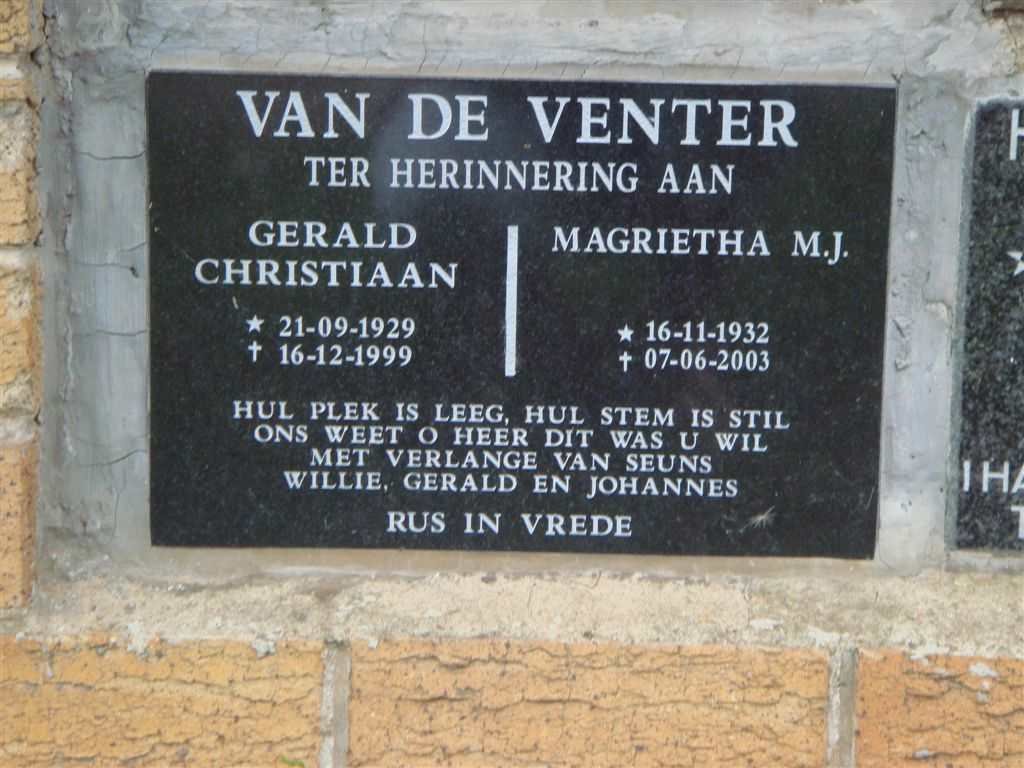 VENTER Gerald Christiaan, van de 1929-1999 &amp; Magrietha M.J. 1932-2003