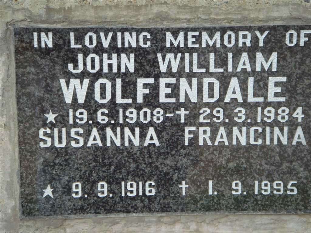 WOLFENDALE John William 1908-1984 &amp; Susanna Francina 1916-1995