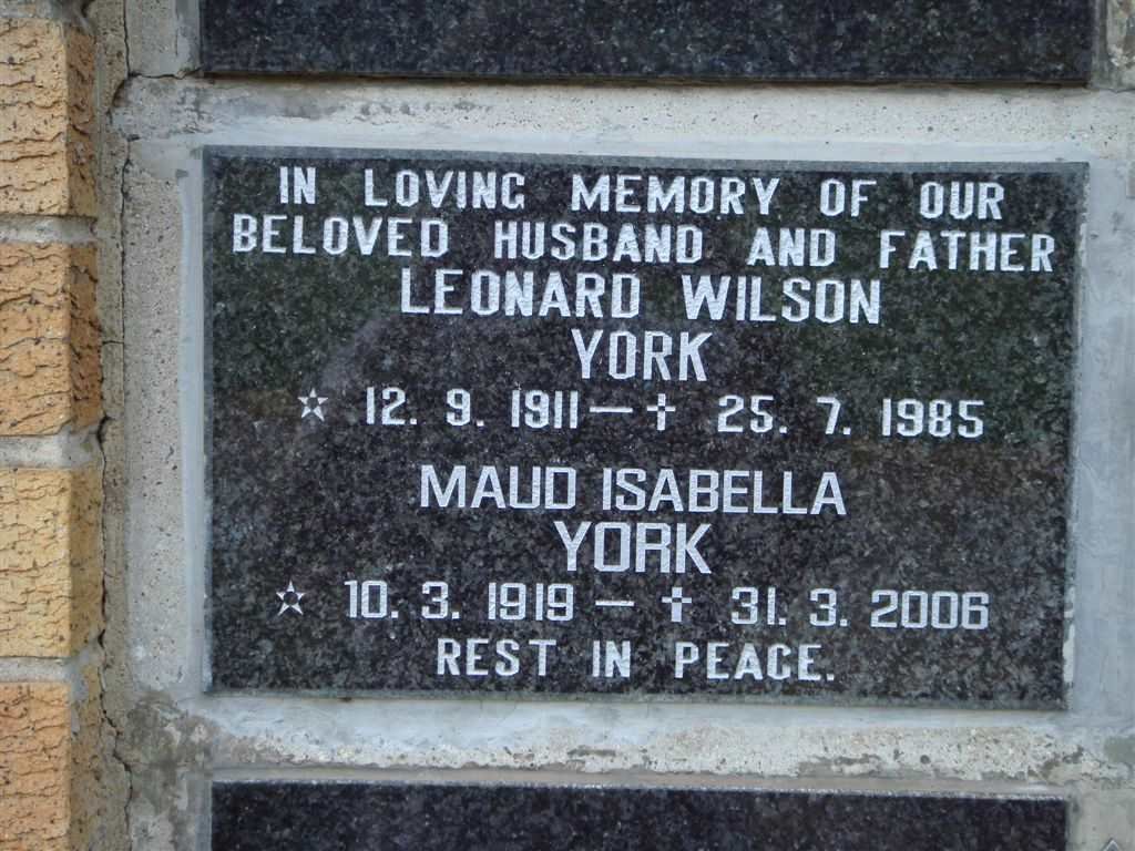 YORK Leonard Wilson 1911-1985 &amp; Maud Isabella 1919-2006