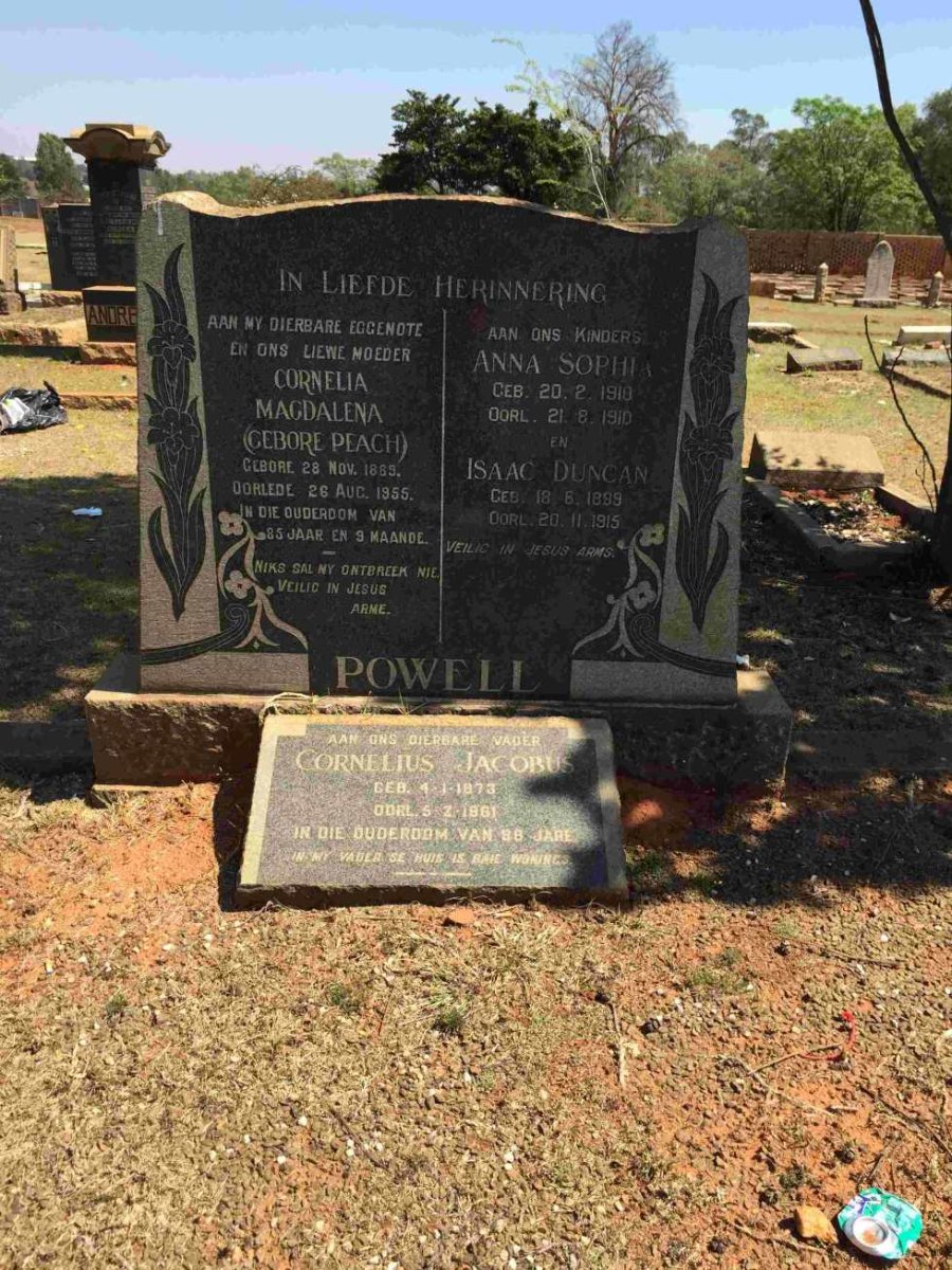 POWELL Cornelius Jacobus 1873-1961 &amp; Cornelia Magdalena  PEACH 1869-1955 :: POWELL Isaac Duncan 1899-1915