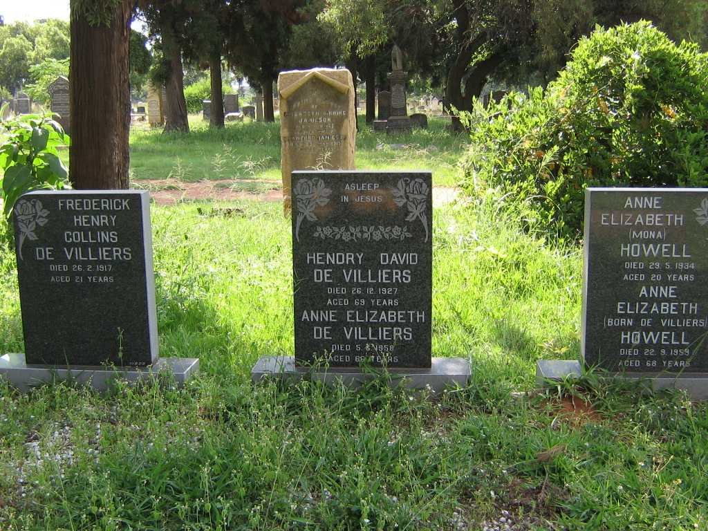 VILLIERS Hendry David, de -1927 &amp; Anne Elizabeth -1958 :: DE VILLIERS Frederick Henry Collins -1917