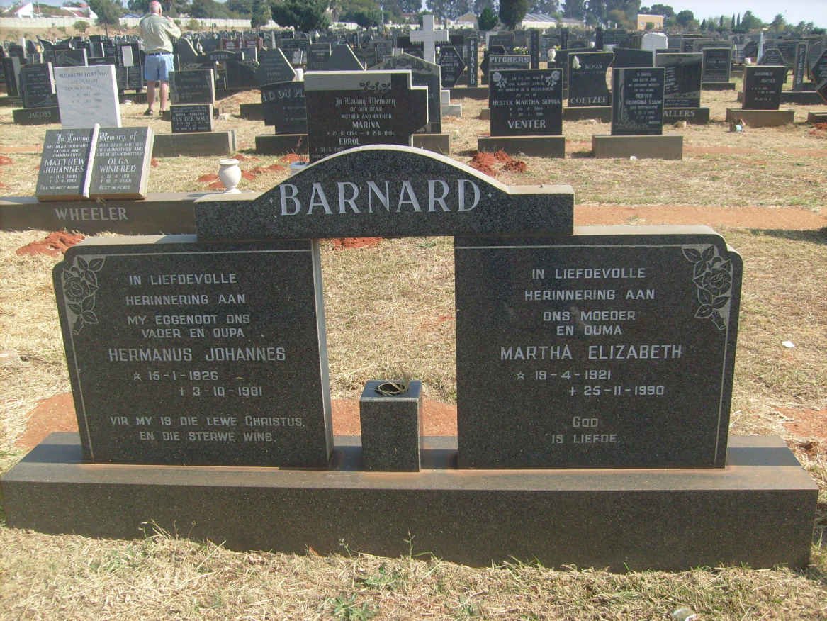 BARNARD Hermanus Johannes 1926-1981 &amp; Martha Elizabeth 1921-1990