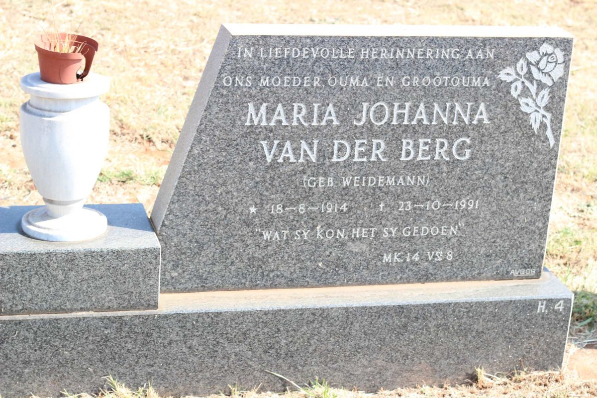BERG Maria Johanna, van der nee WEIDEMANN 1914-1991