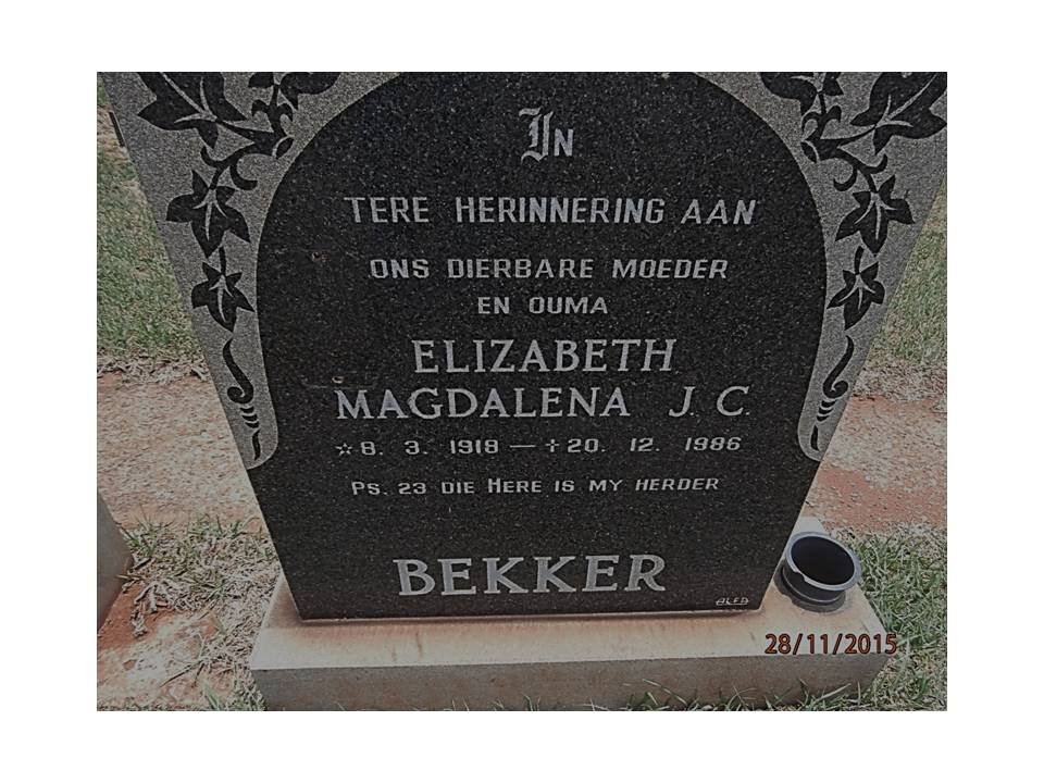 BEKKER Elizabeth Magdalena J.C. 1918-1986