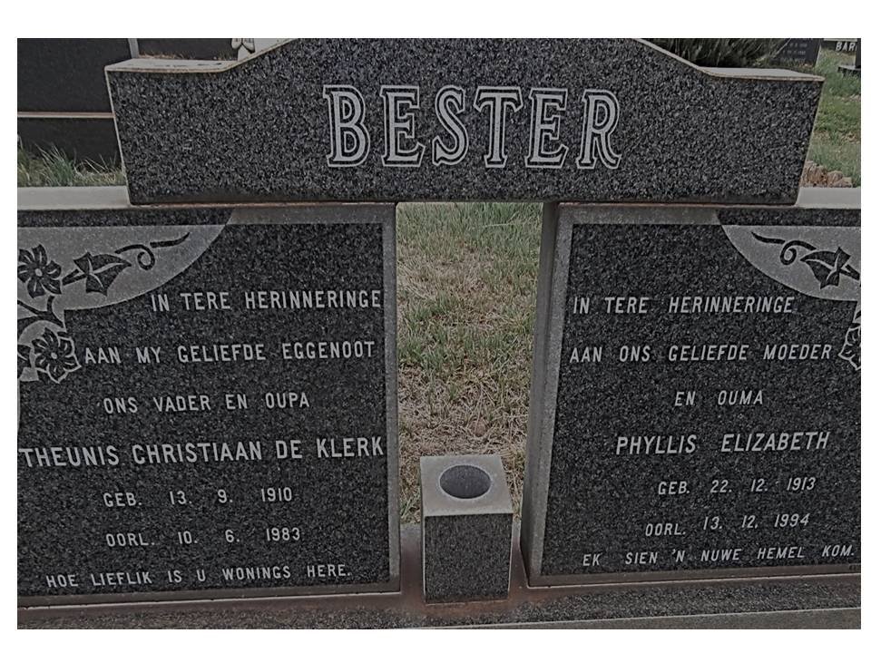 BESTER Theunis Christiaan de Klerk 1910-1983 &amp; Phyllis Elizabeth 1913-1994