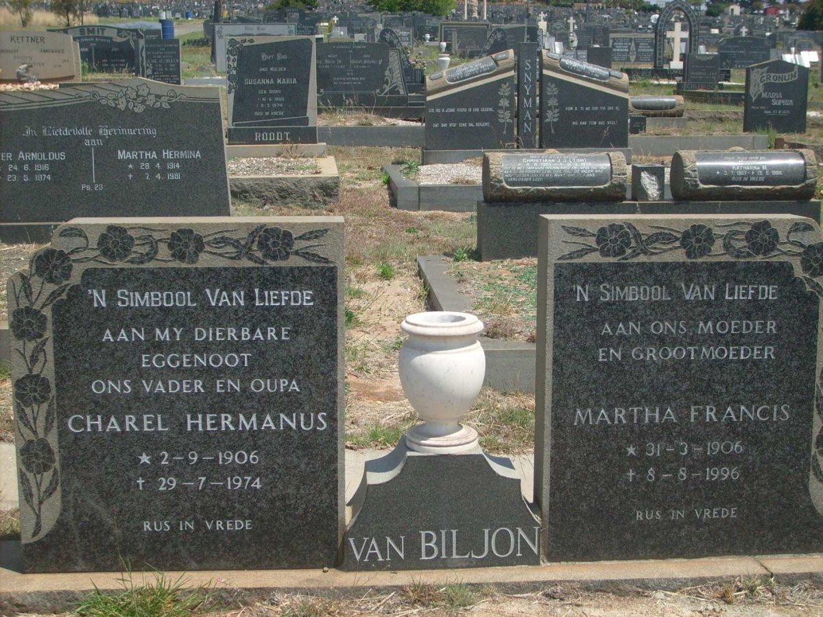 BILJON Charel Hermanus, van 1906-1974 &amp; Martha Francis 1906-1996