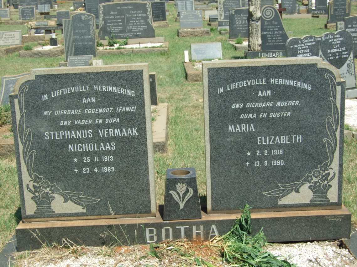 BOTHA Stephanus Vermaak Nicholaas 1913-1969 &amp; Maria Elizabeth 1918-1990