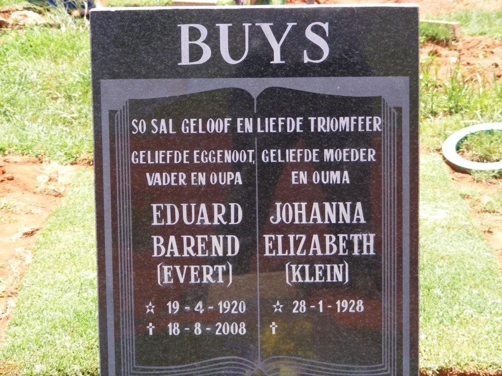 BUYS Eduard Barend 1920-2008 &amp; Johanna Elizabeth KLEIN 1928-
