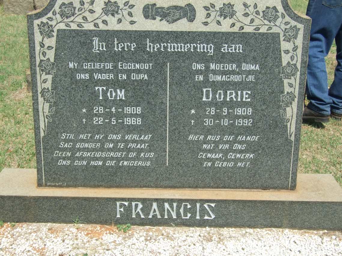 FRANCIS Tom 1908-1968 &amp; Dorie 1908-1992