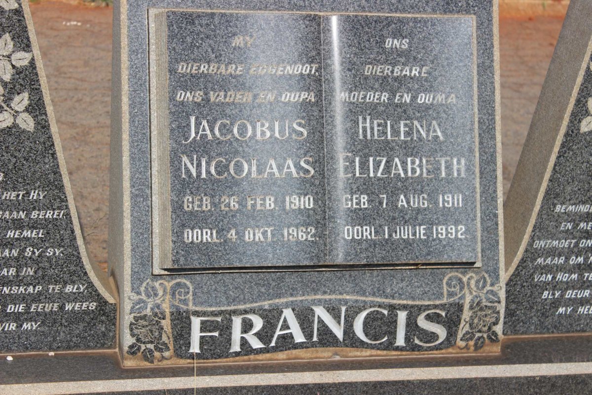 FRANCIS Jacobus Nicolaas 1910-1962 &amp; Helena Elizabeth 1911-1992