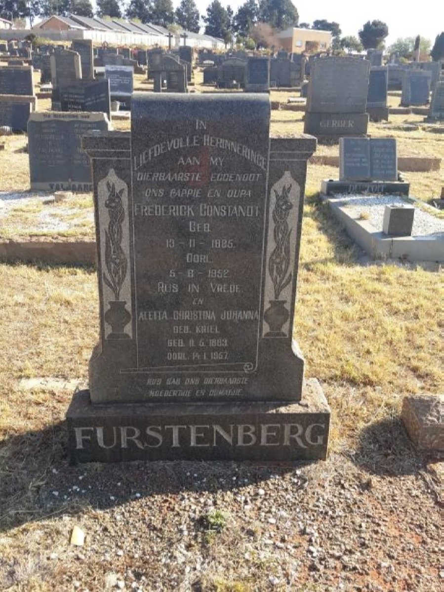 FURSTENBERG Frederick Constandt 1885-1952 &amp; Aletta Christina Johanna KRIEL 1883-1957