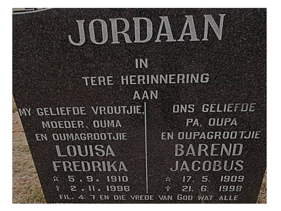 JORDAAN Barend Jacobus 1909-1998 &amp; Louisa Fredrika 1910-1996