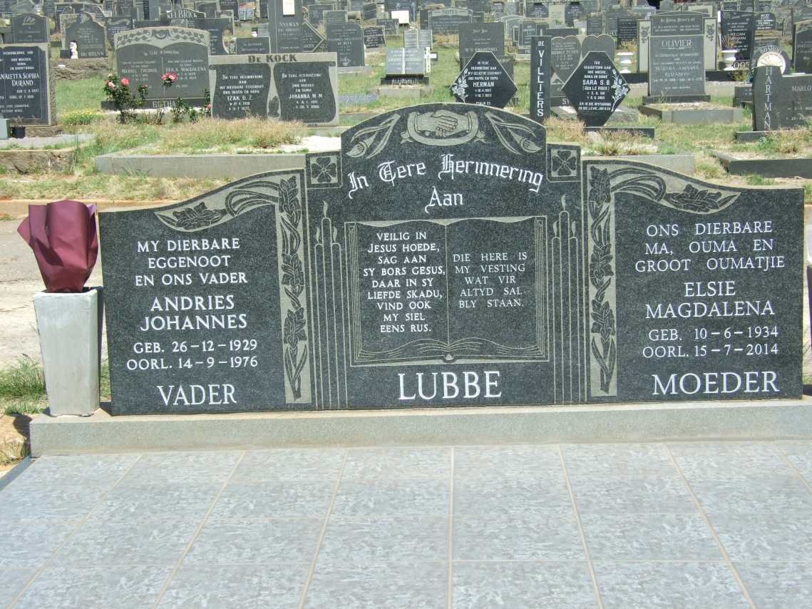 LUBBE Andries Johannes 1929-1976 &amp; Elsie Magdalena 1934-2014