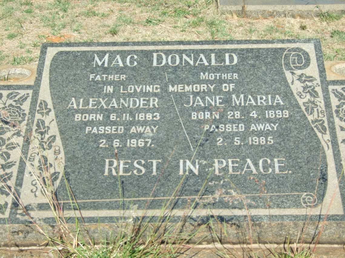 Mac DONALD Alexander 1883-1967 &amp; Jane Maria 1899-1985