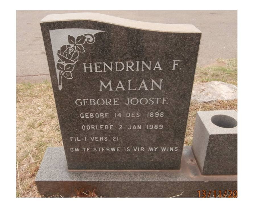 MALAN Hendrina F. nee JOOSTE 1898-1989