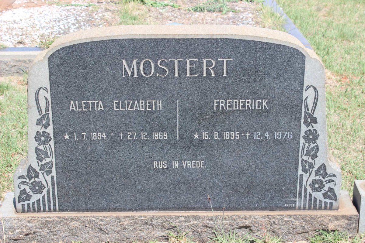 MOSTERT Frederick 1895-1976 &amp; Aletta Elizabeth 1894-1969