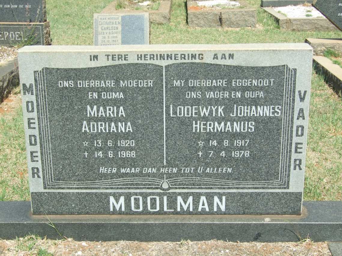 MOOLMAN Lodewyk Johannes Hermanus 1917-1978 &amp; Maria Adriana 1920-1968