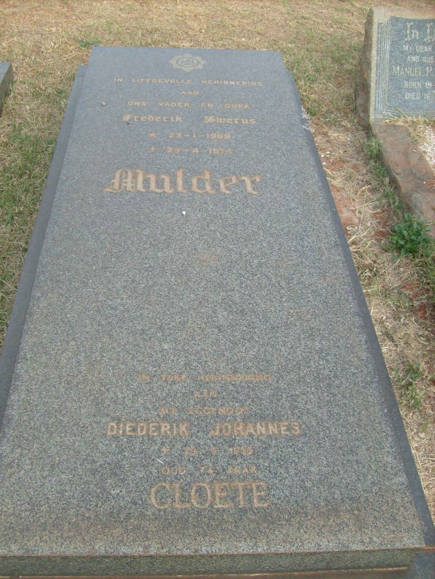 MULDER Frederik Swerus 1909-1974 :: CLOETE Diederik Johannes -19?5