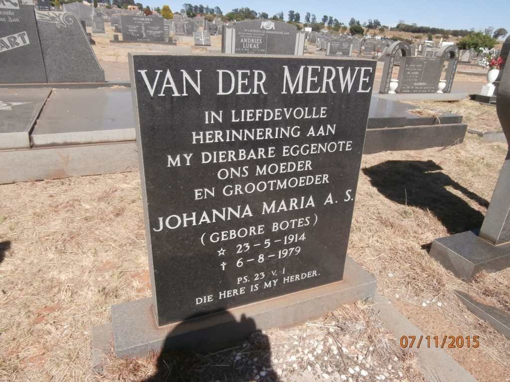 MERWE Johanna Maria A.S., van der nee BOTES 1914-1979