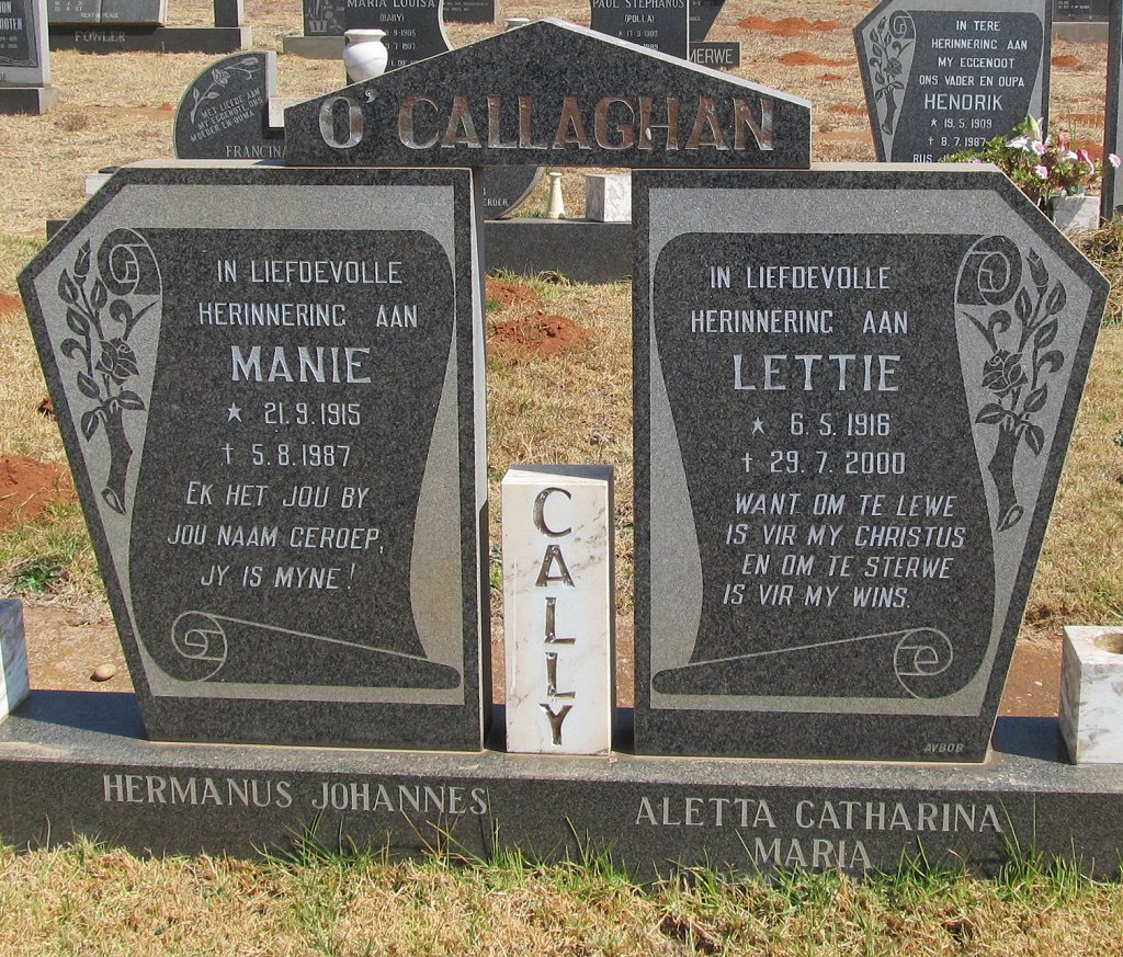 O'CALLAGHAN Hermanus Johannes 1915-1987 &amp; Aletta Catharina Maria 1916-2000