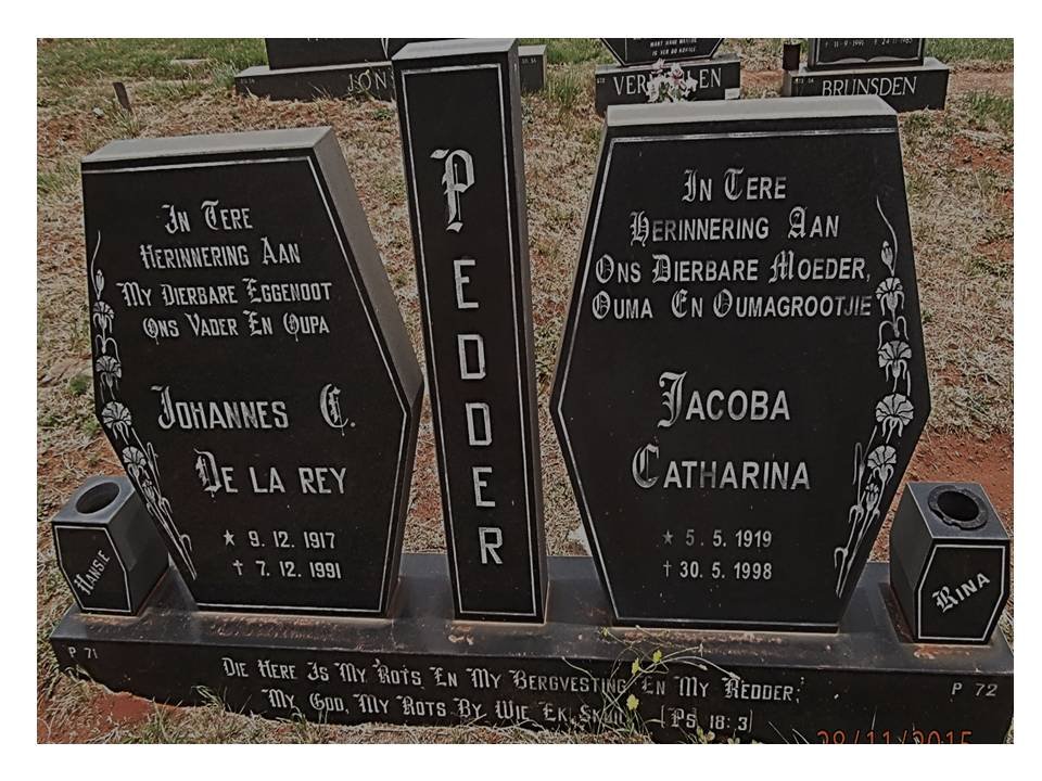 PEDDER Johannes C. de la Rey 1917-1991 &amp; Jacoba Catharina 1919-1998