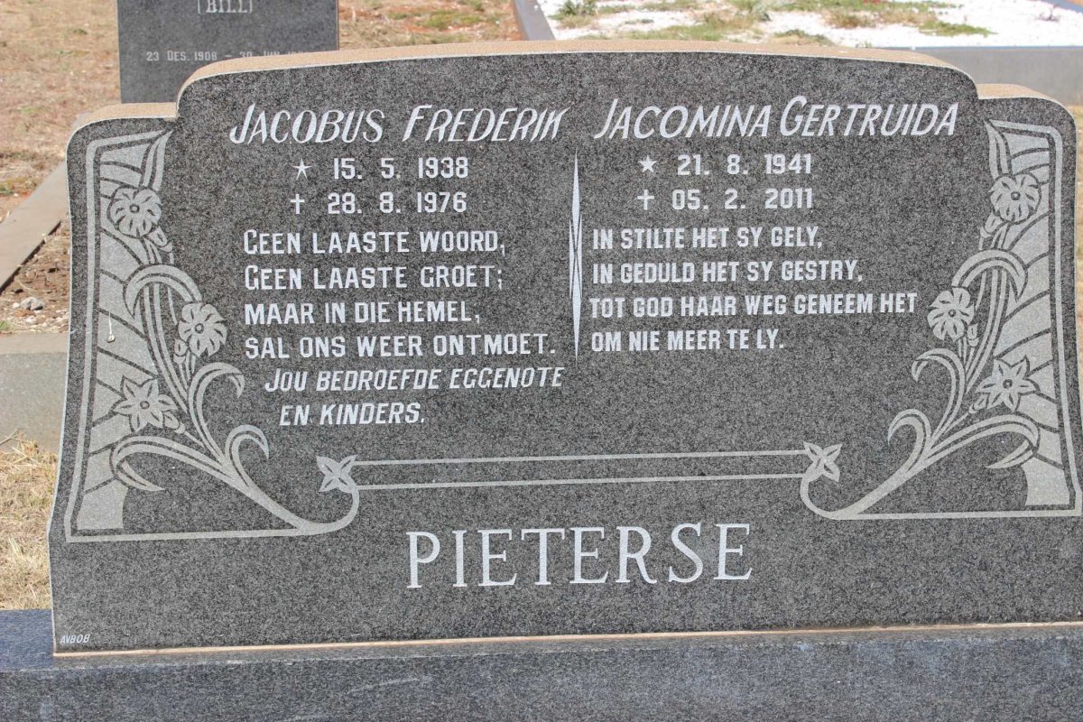 PIETERSE Jacobus Frederik 1938-1976 &amp; Jacomina Gertruida 1941-2011