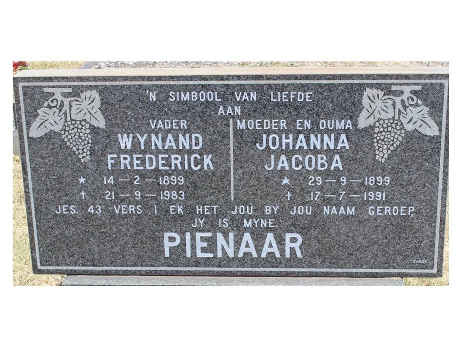 PIENAAR Wynand Frederick 1899-1083 &amp; Johanna Jacoba 1899-1991