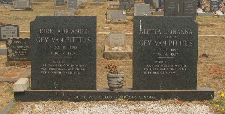 PITTIUS Dirk Adrianus, Gey van 1890-1957 &amp; Aletta Johanna ERASMUS 1895-1957