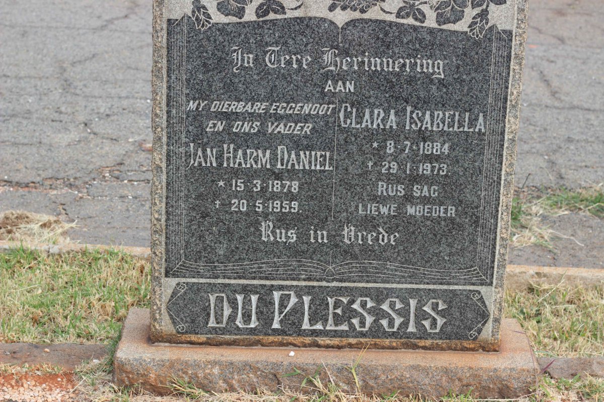 PLESSIS Jan Harm Daniel, du 1878-1959 &amp; Clara Isabella 1884-1973
